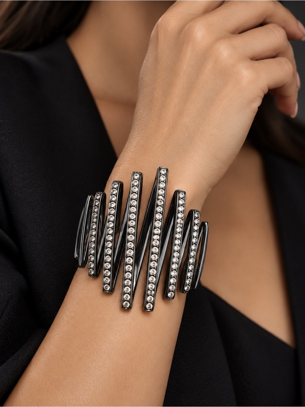 nOir NYC Jewelry Black Crystal Spiral Statement Cuff Bracelet NWT